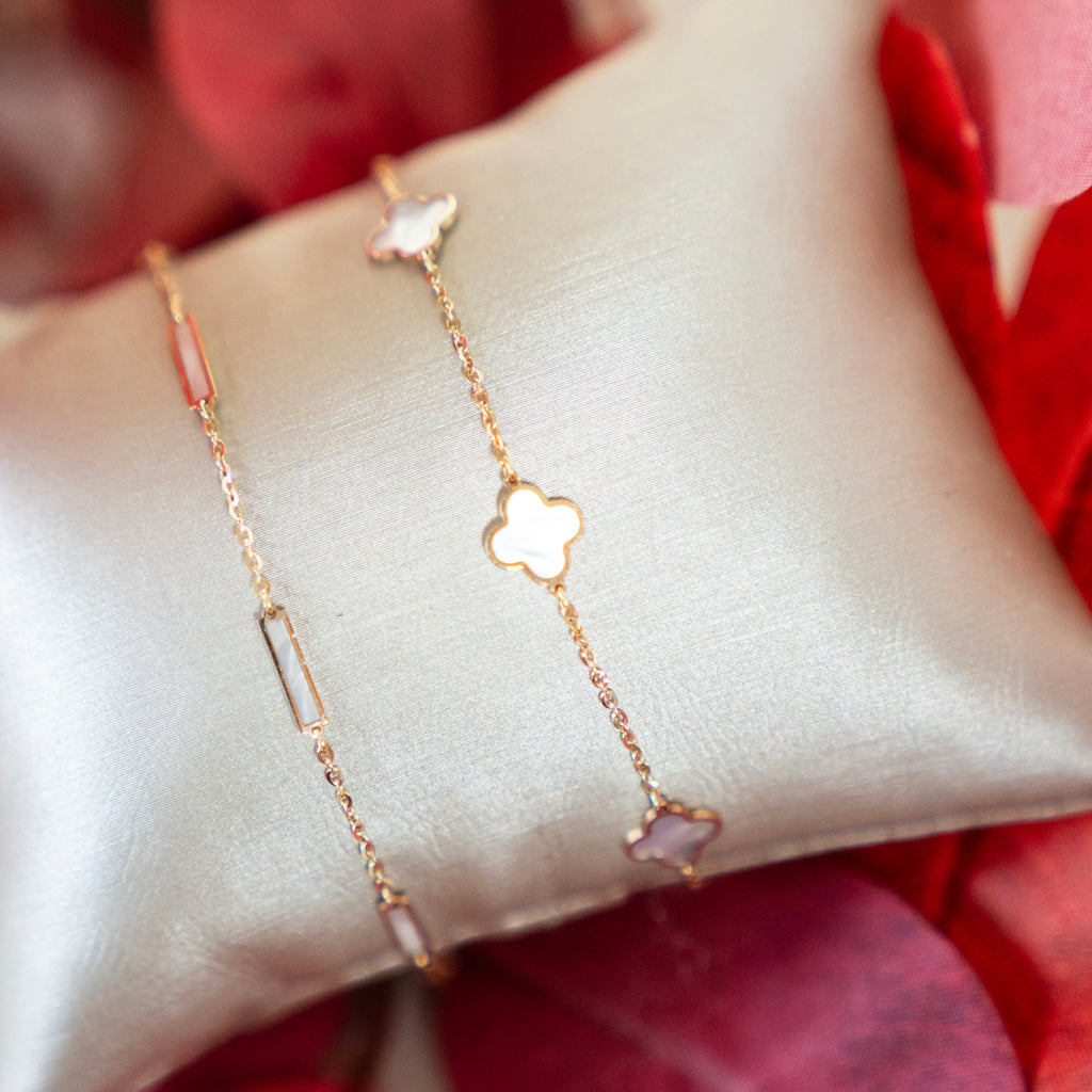 Italian 14k Gold Quatrefoil Mother of Pearl Station Bracelet