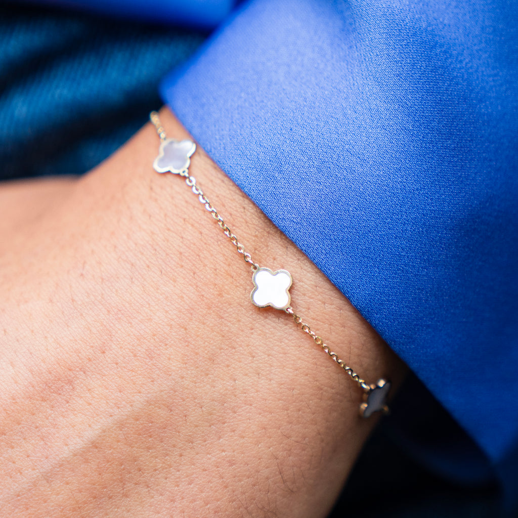 Italian 14k Gold Quatrefoil Mother of Pearl Station Bracelet