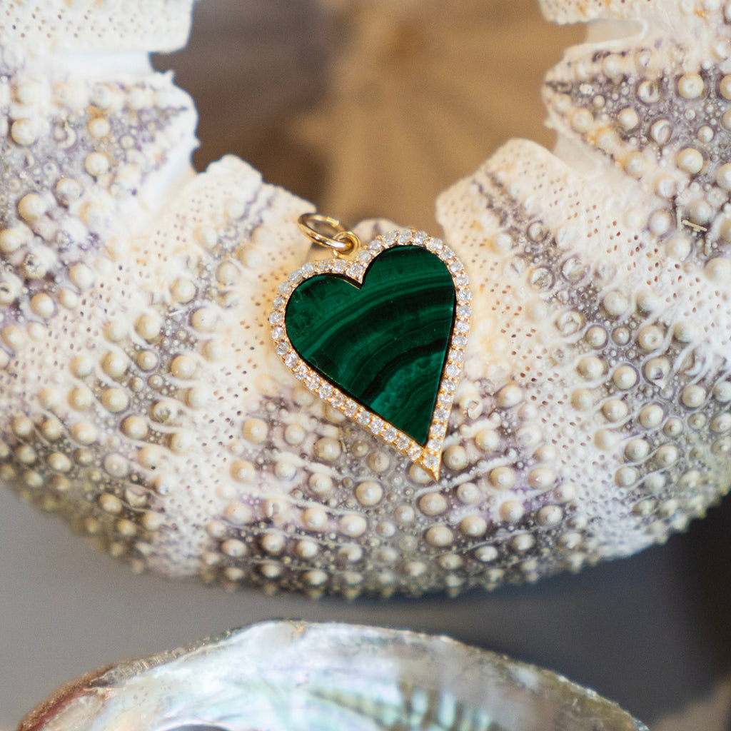Large  Malachite Heart and Diamond Halo Charm Pendant