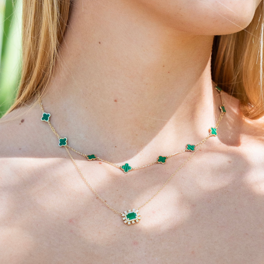 14k Italian Gold Malachite Quatrefoil Station Necklace