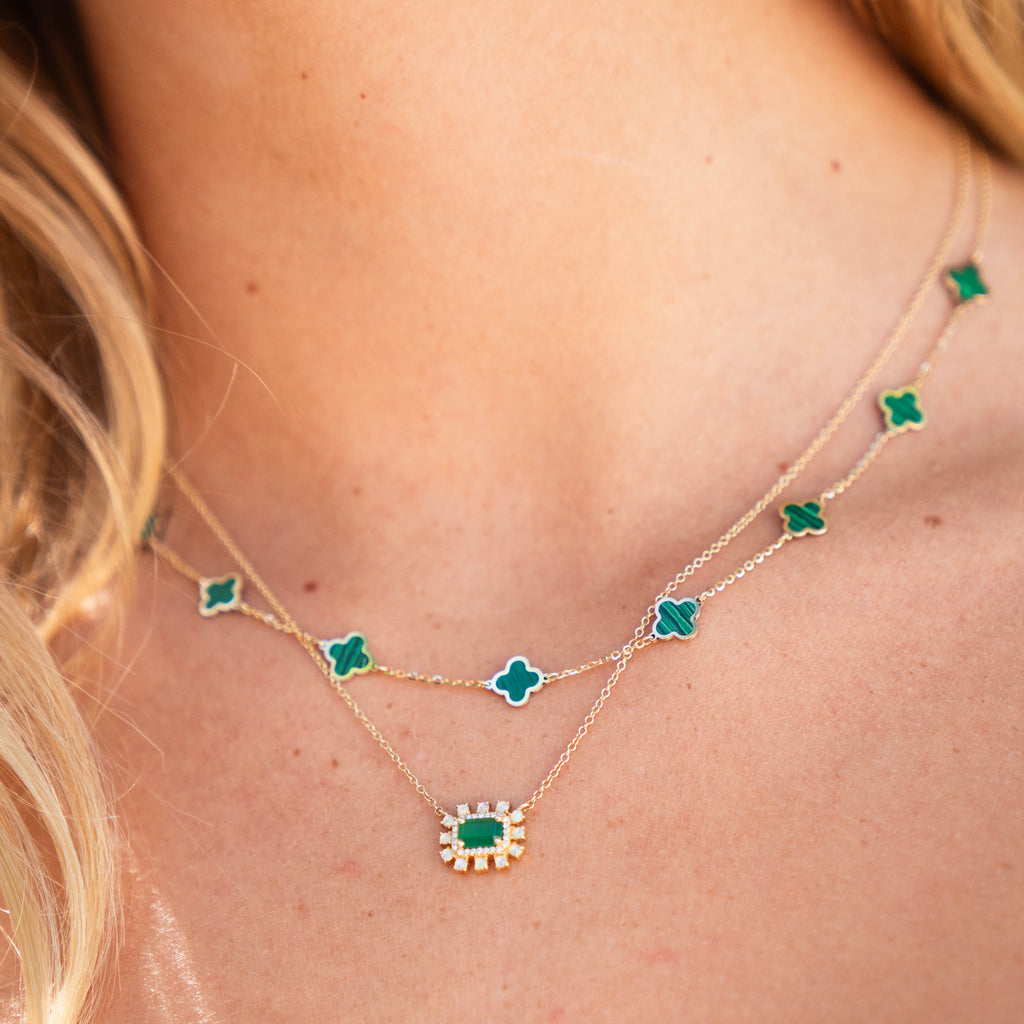14k Italian Gold Malachite Quatrefoil Station Necklace