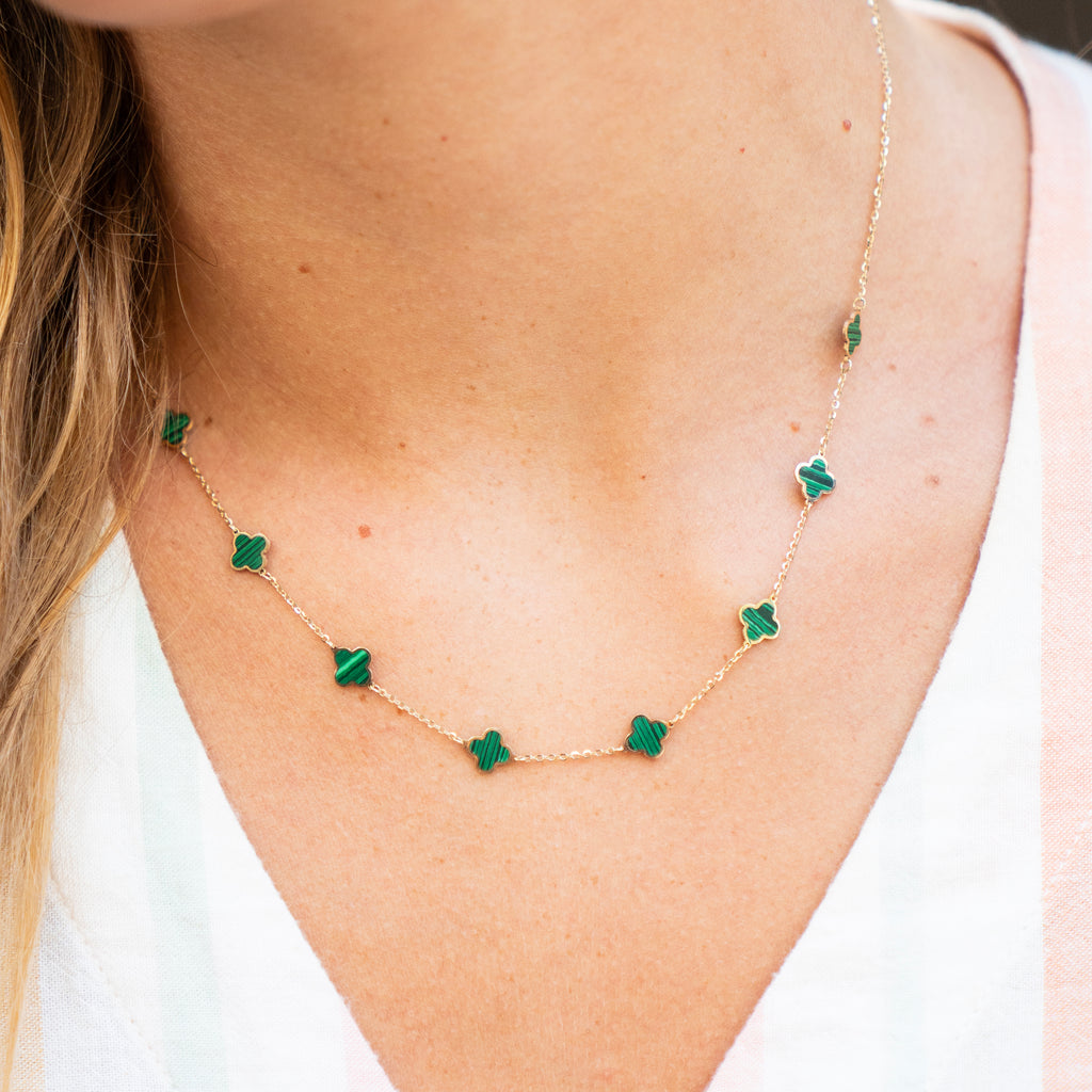 14k Italian Gold Malachite Quatrefoil Station Necklace