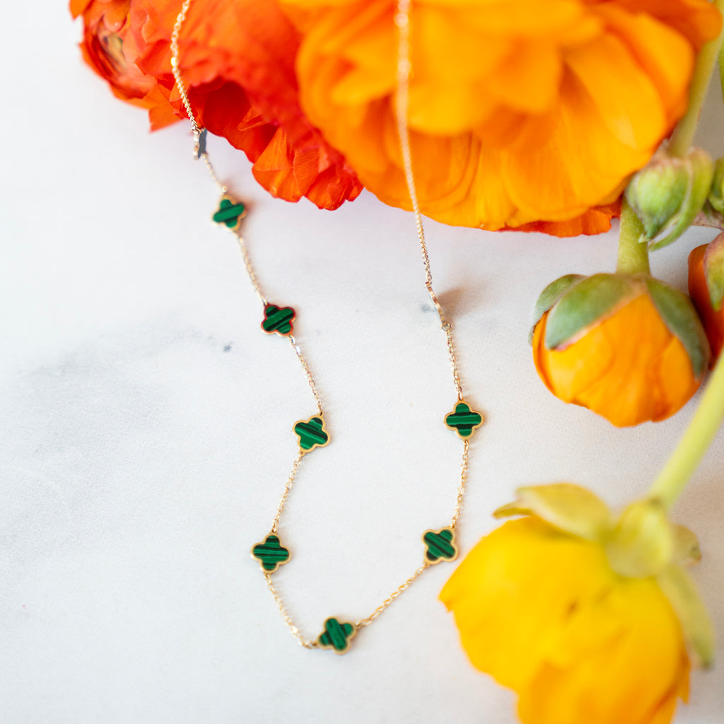 14k Italian Gold Malachite Quatrefoil Station Necklace