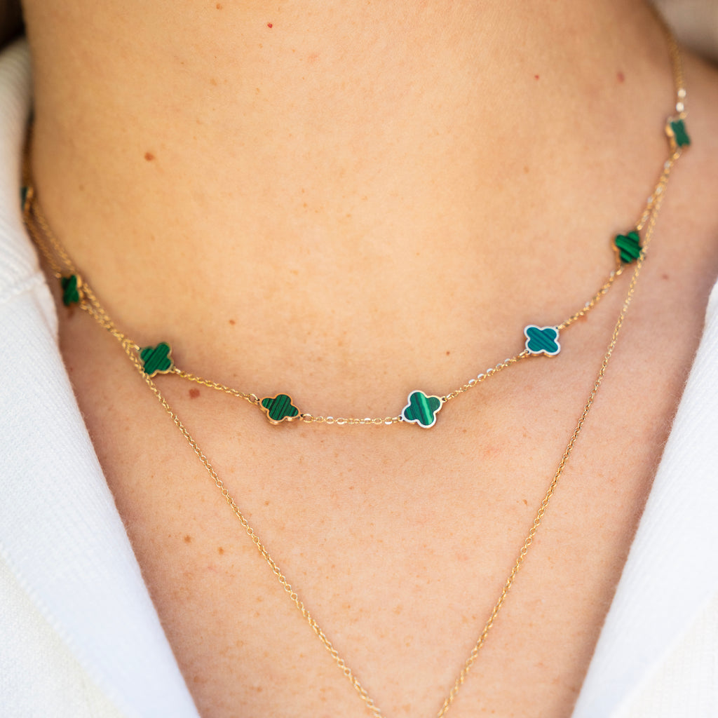 14k Italian Gold Malachite Quatrefoil Station Necklace