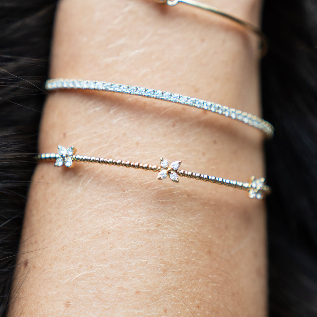 14k Yellow Beaded Gold and Marquise Diamond Floral Bangle