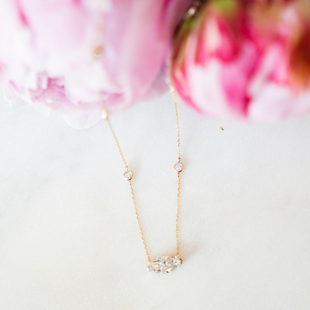 East West Marquise and Diamond by the Yard Necklace in 14k Yellow Gold