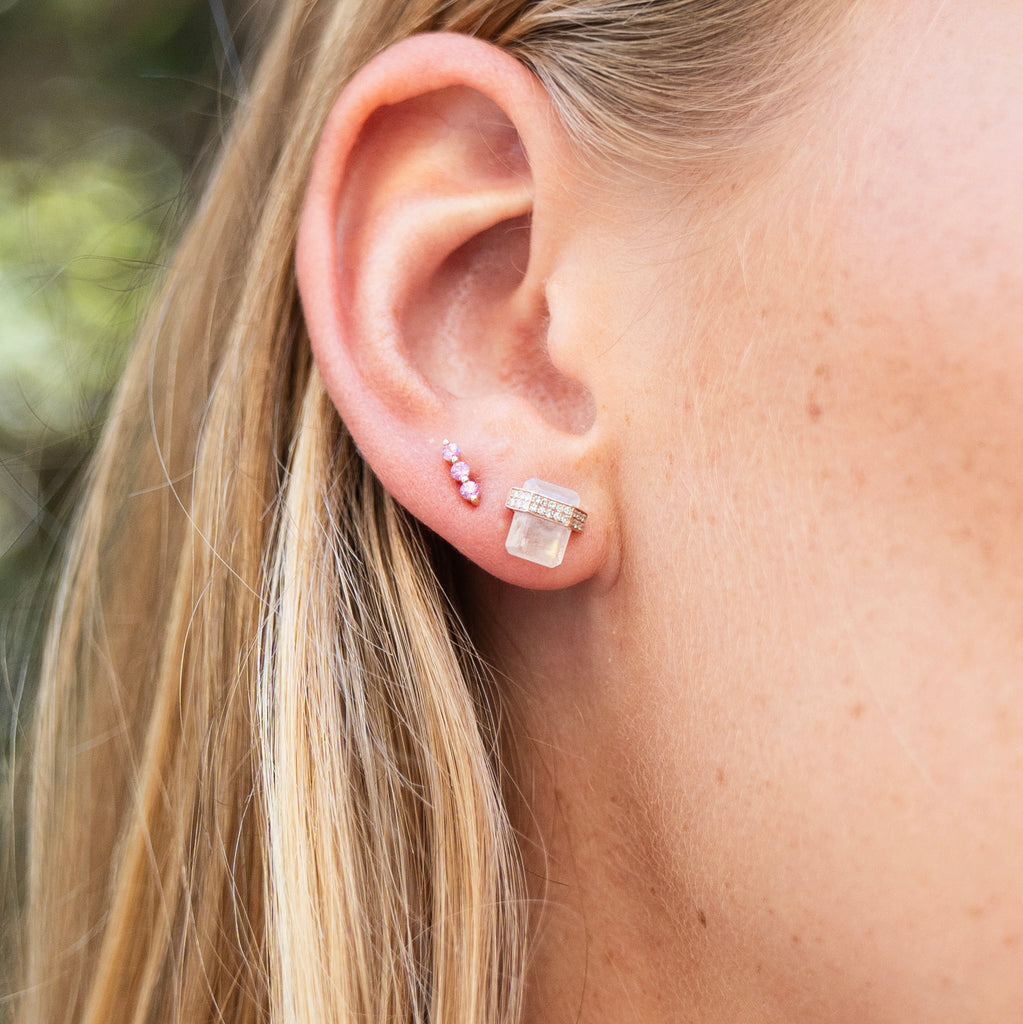 Architectural Floating Rainbow Moonstone and Diamond Stud Earrings