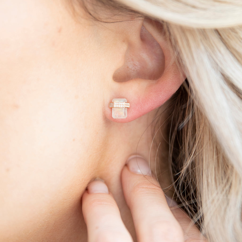 Architectural Floating Rainbow Moonstone and Diamond Stud Earrings