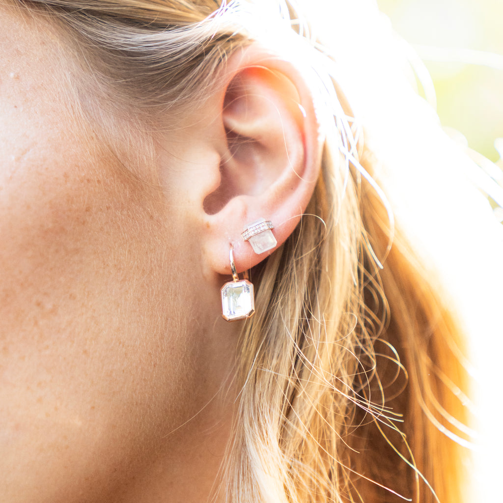 Architectural Floating Rainbow Moonstone and Diamond Stud Earrings