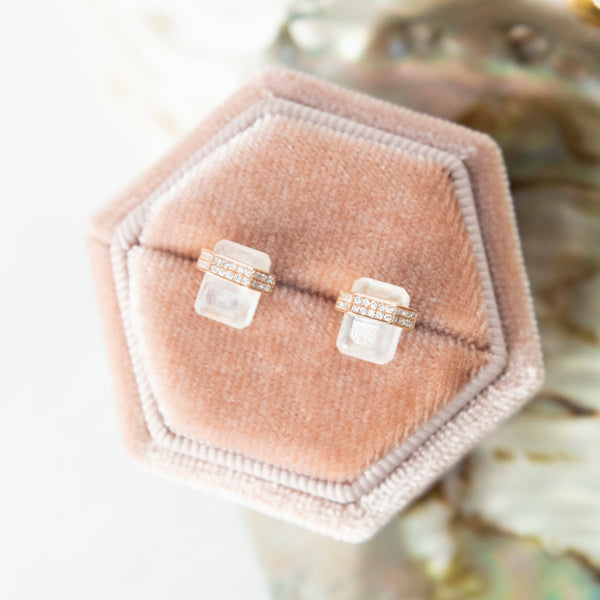 Architectural Floating Rainbow Moonstone and Diamond Stud Earrings