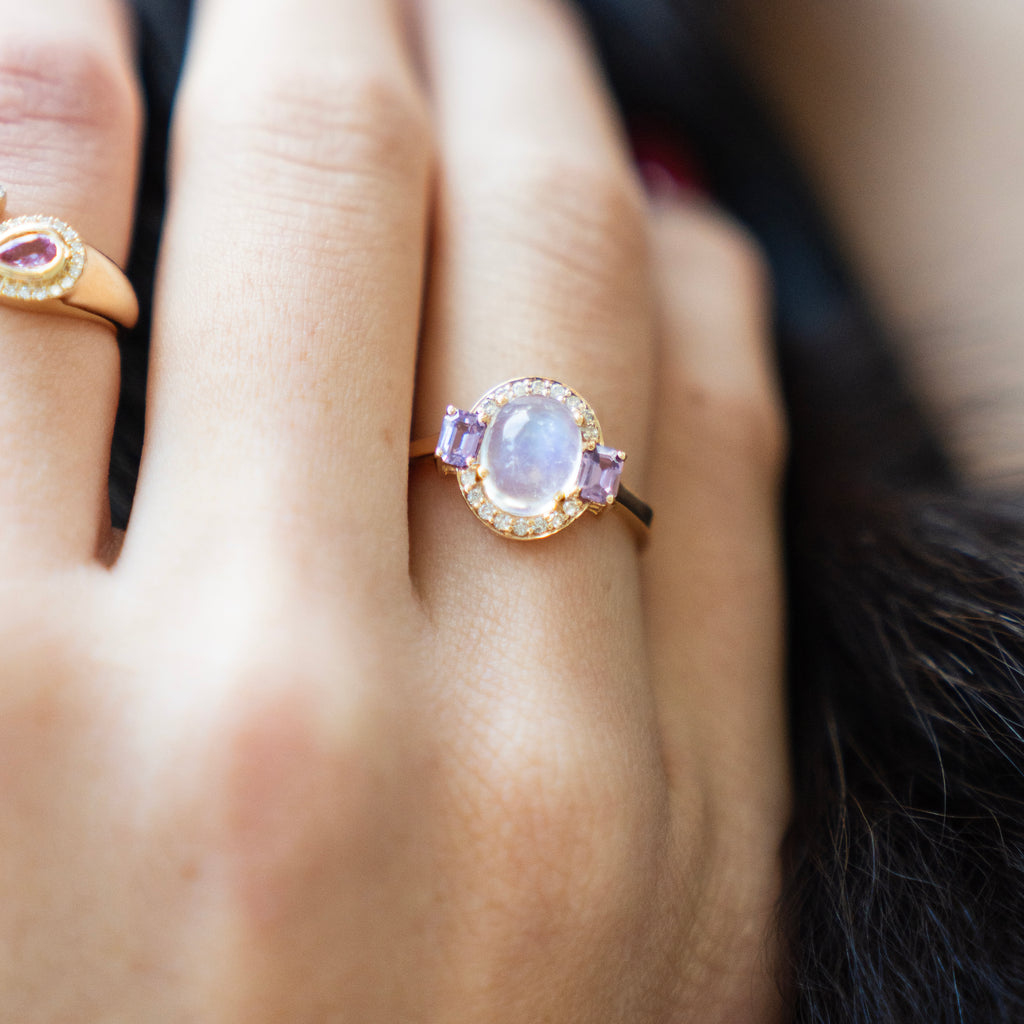 Oval Cabochon Rainbow Moonstone with Diamond Halo and Pink Sapphire Diamond Ring in 14k Yellow Gold