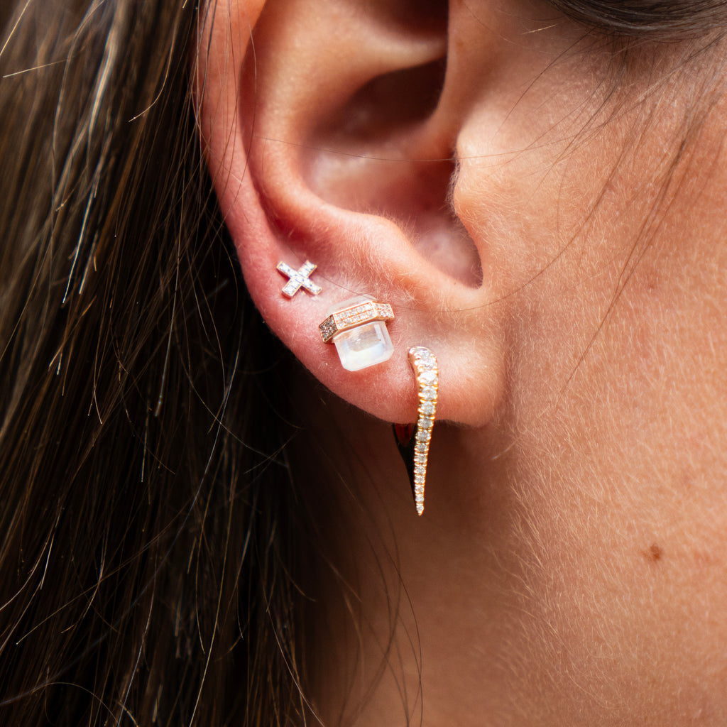 Architectural Floating Rainbow Moonstone and Diamond Stud Earrings