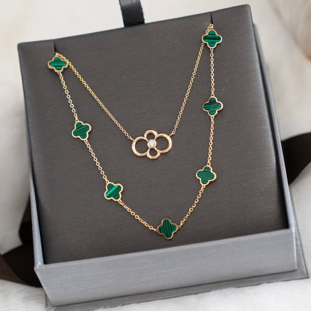 14k Italian Gold Malachite Quatrefoil Station Necklace