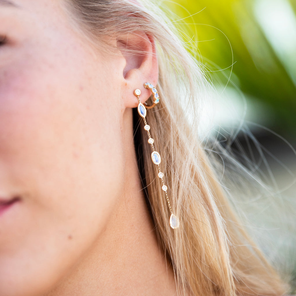 Dramatic Linear Moonstone and Diamond Earrings in 14k Yellow Gold