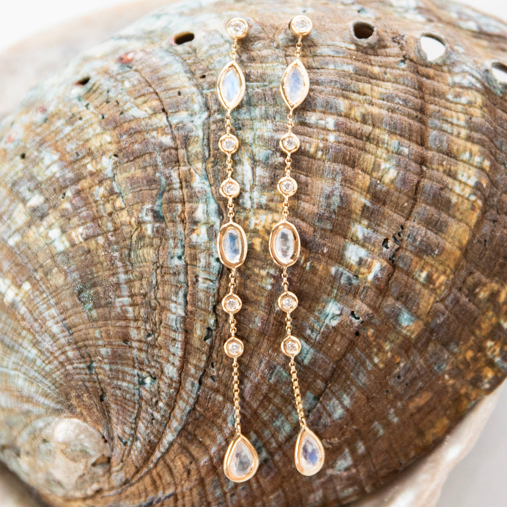 Dramatic Linear Moonstone and Diamond Earrings in 14k Yellow Gold