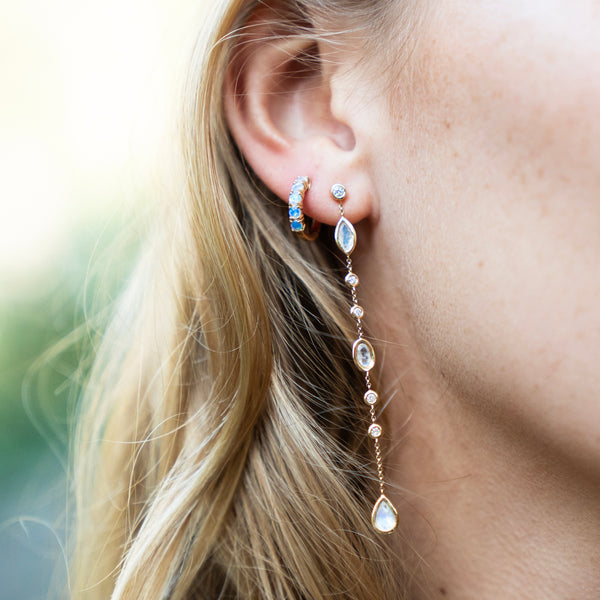 Dramatic Linear Moonstone and Diamond Earrings in 14k Yellow Gold