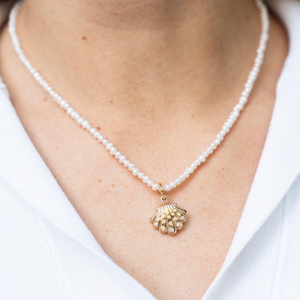 14k Yellow Gold and Diamond Seashell Charm Pendant