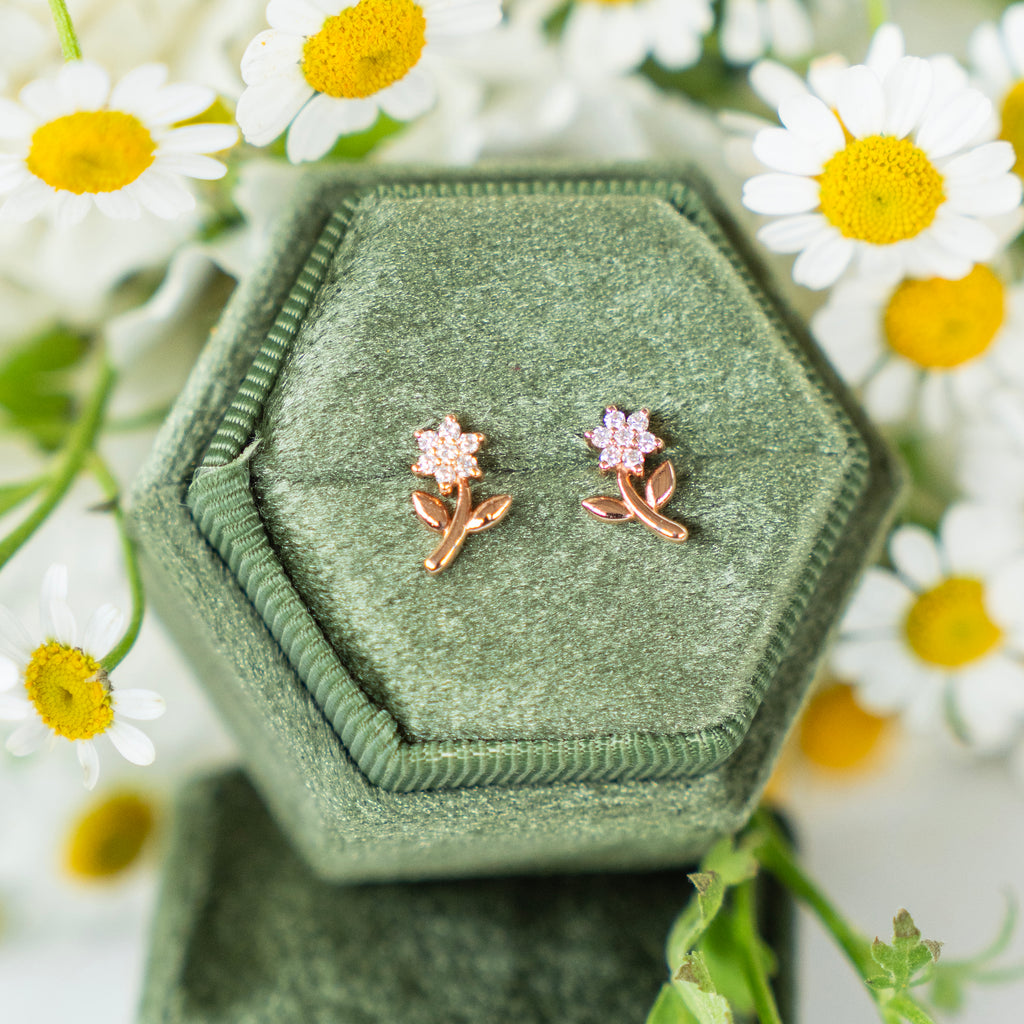 Petite Diamond Flower Studs in Rose Gold