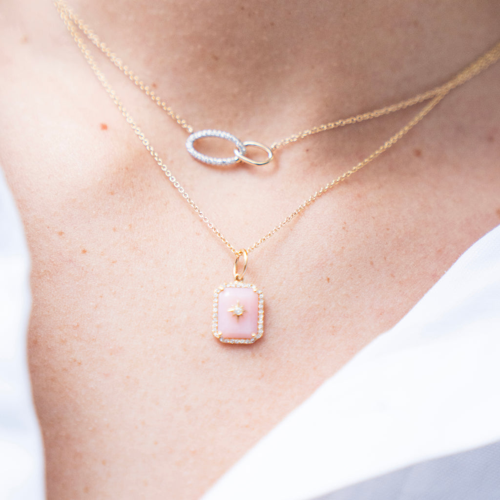 Pink Opal and Diamond Star Deco Charm in 14k Yellow Gold