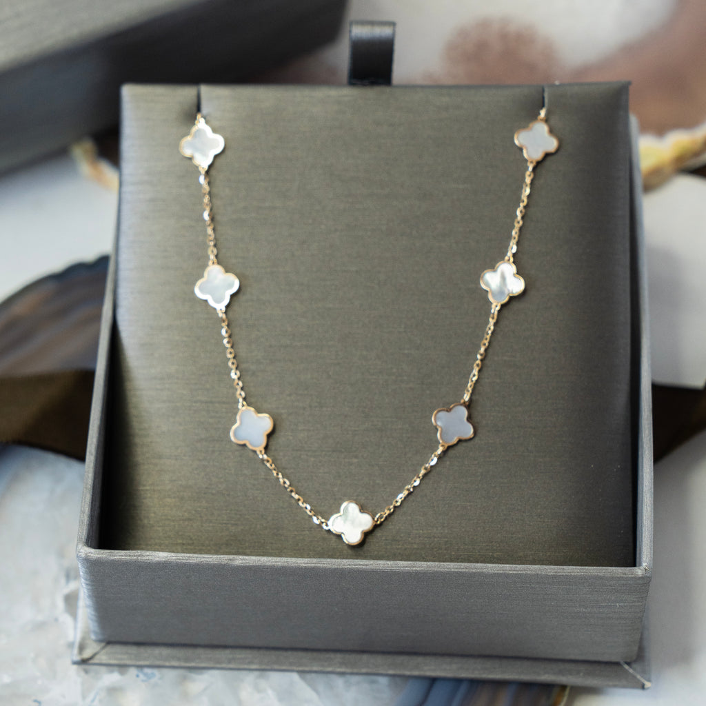14k Italian Mother of Pearl Quatrefoil Station Necklace