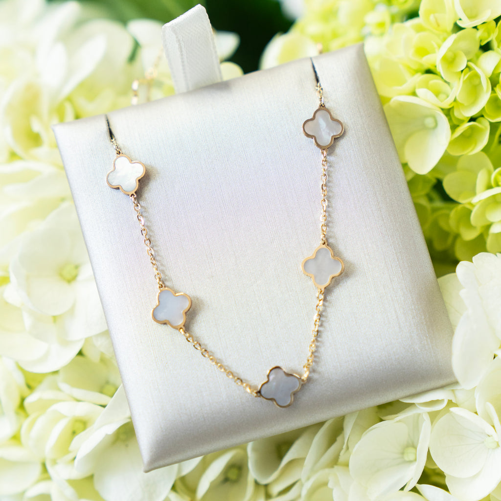 14k Italian Mother of Pearl Quatrefoil Station Necklace
