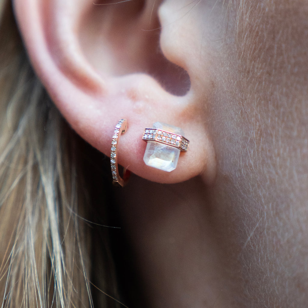 Architectural Floating Rainbow Moonstone and Diamond Stud Earrings