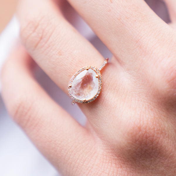 Organic shaped Moonstone Ring with Diamond Halo