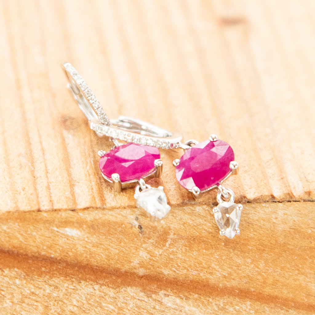 Bespoke Ruby and Rosecut Diamond Earrings in 14k White Gold