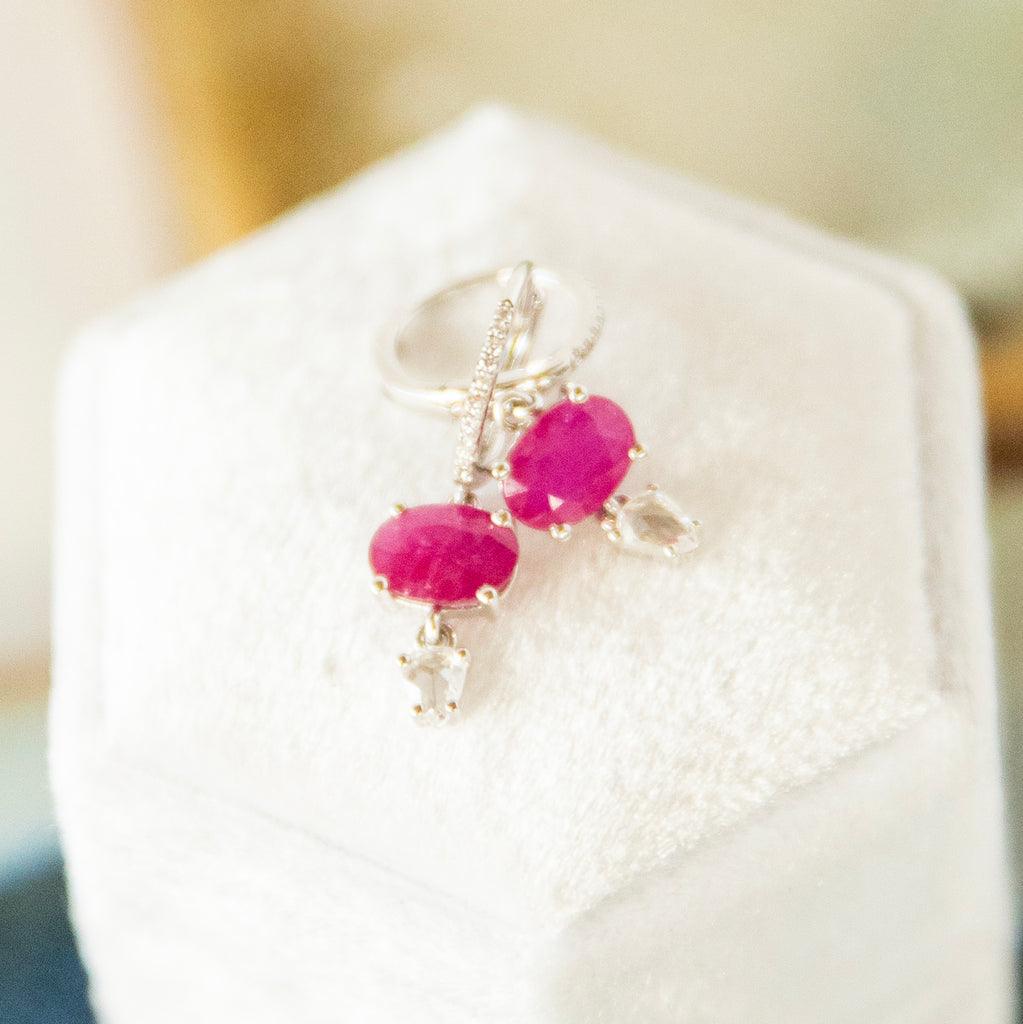 Bespoke Ruby and Rosecut Diamond Earrings in 14k White Gold