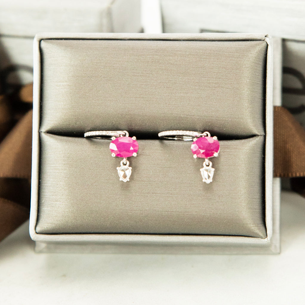 Bespoke Ruby and Rosecut Diamond Earrings in 14k White Gold