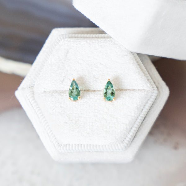 Seafoam Blue Tourmaline Stud Earrings in 14k Yellow Gold