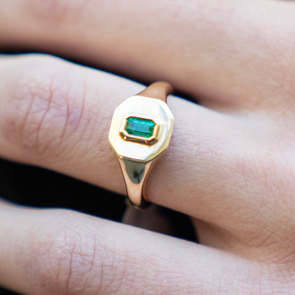 Gold Signet Ring with Natural Emerald