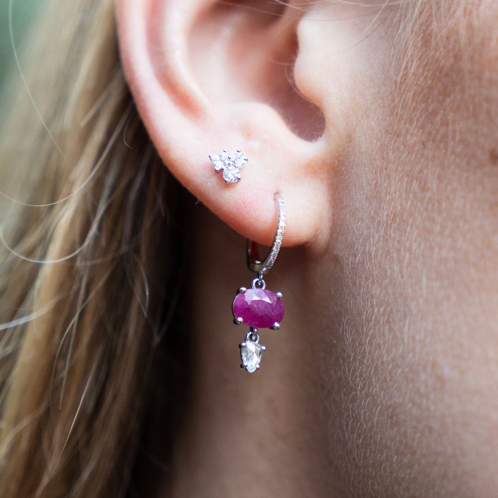 Bespoke Ruby and Rosecut Diamond Earrings in 14k White Gold