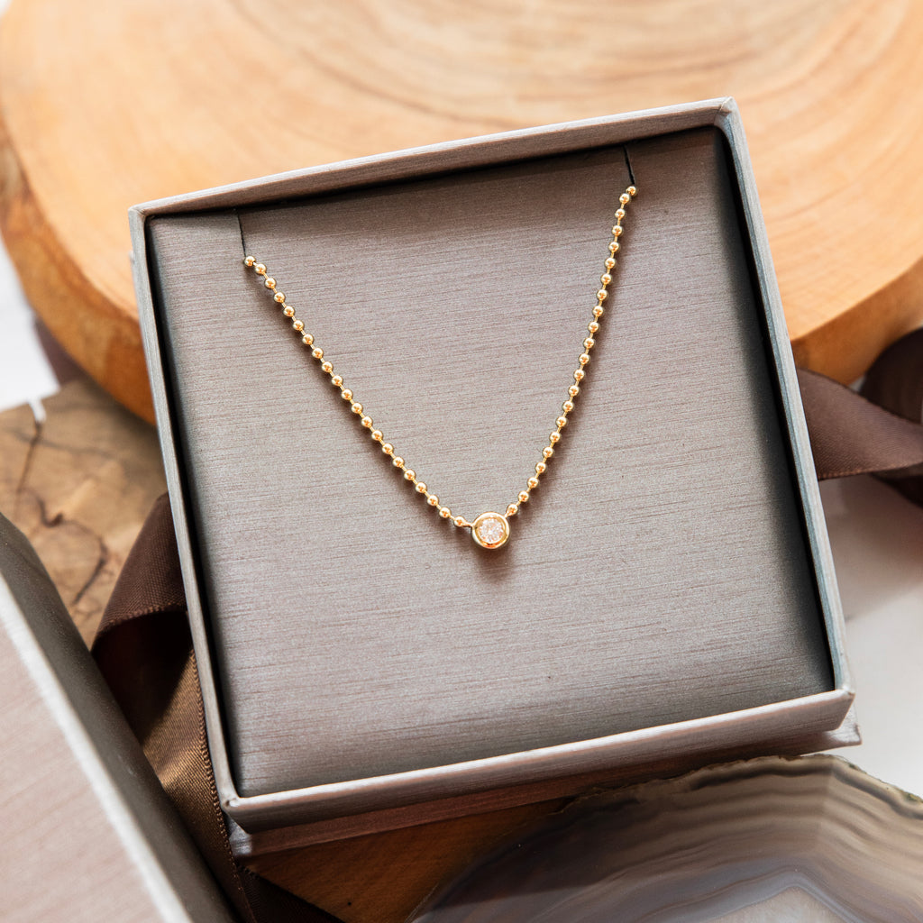 Bezel Solitaire Diamond Necklace with 14k Gold Ball Chain