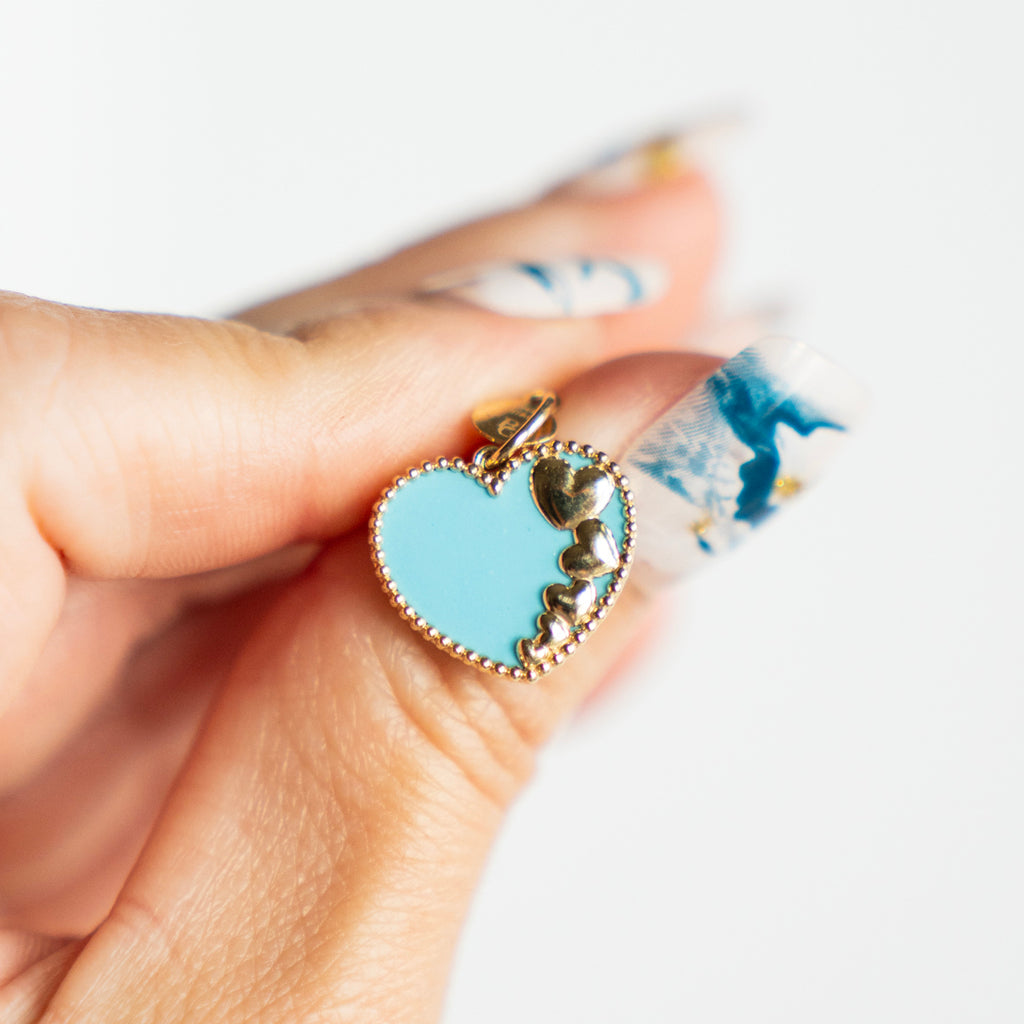 Heart Shaped Turquoise Charm/Pendant in 14k Beaded Yellow Gold