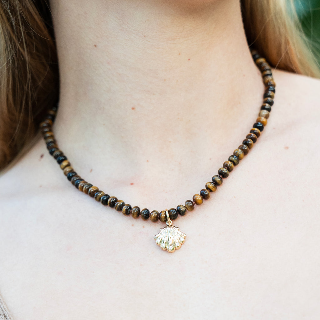Natural Tiger Eye Bead Necklace with 14k Yellow Gold
