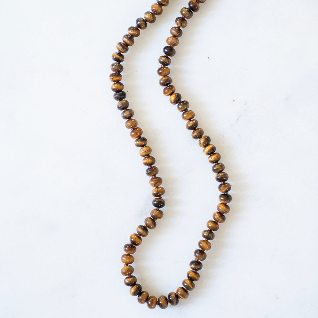 Natural Tiger Eye Bead Necklace with 14k Yellow Gold
