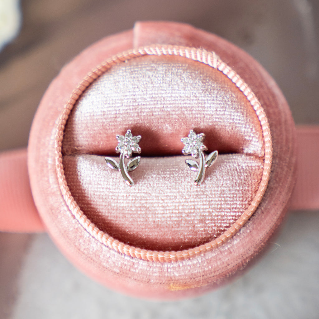 Petite Diamond Flower Studs in White Gold