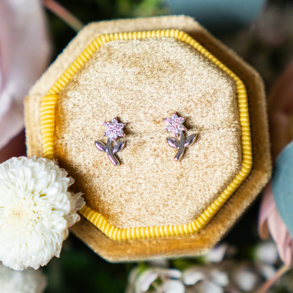 Petite Diamond Flower Studs in White Gold