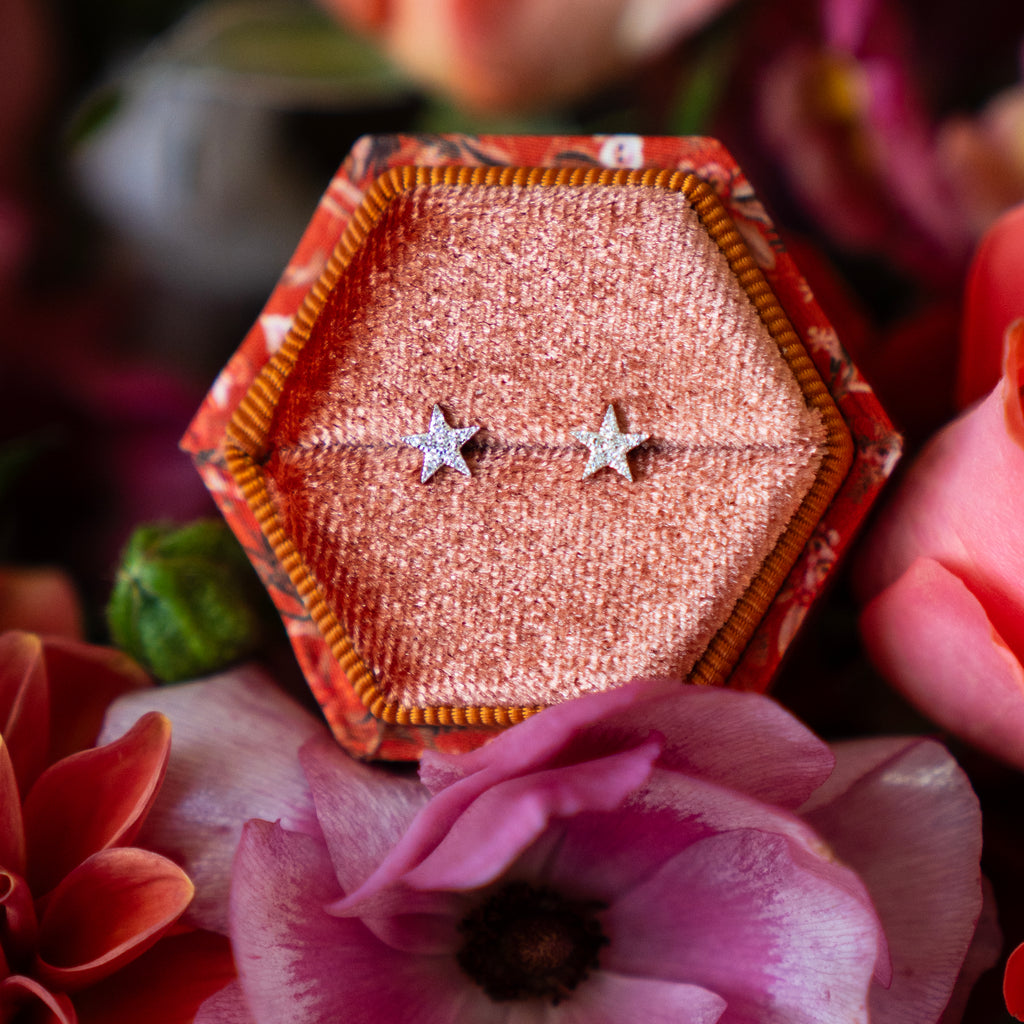 Petite Star Diamond Stud Earrings in 14k White Gold