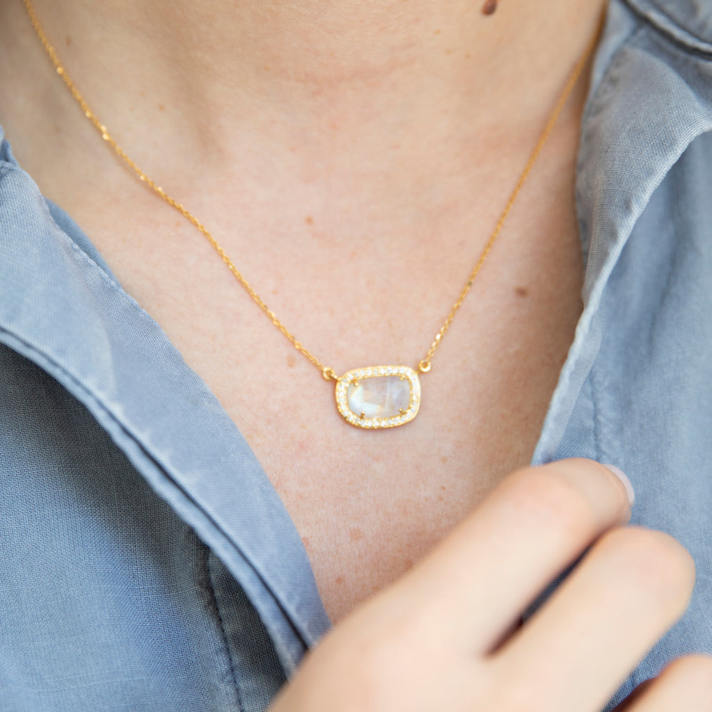 Moonstone and Diamond Halo Necklace in 14k Yellow Gold