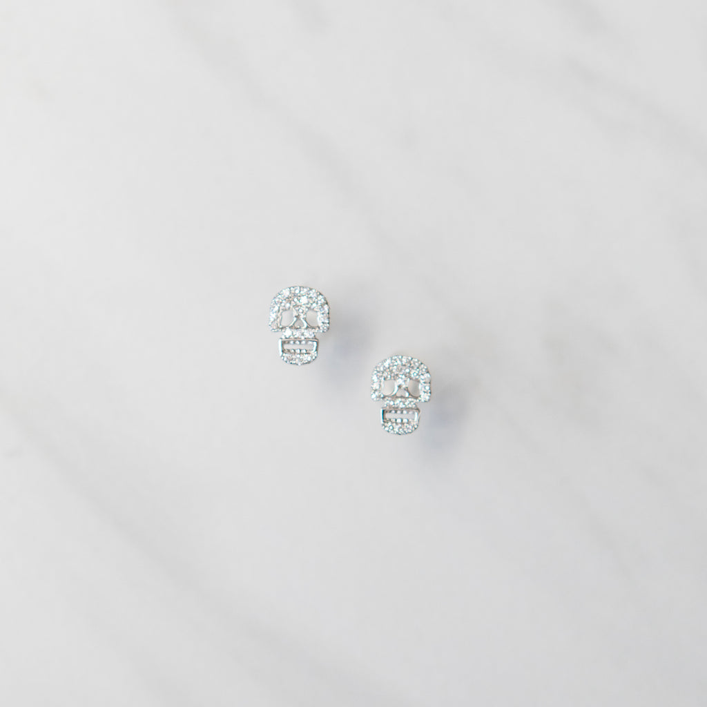 Diamond Pave Skull Studs in White Gold