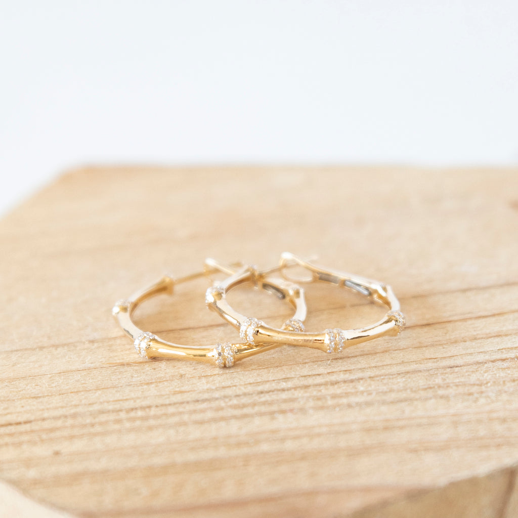 Diamond Bamboo Hoop Earrings in 14k Yellow Gold