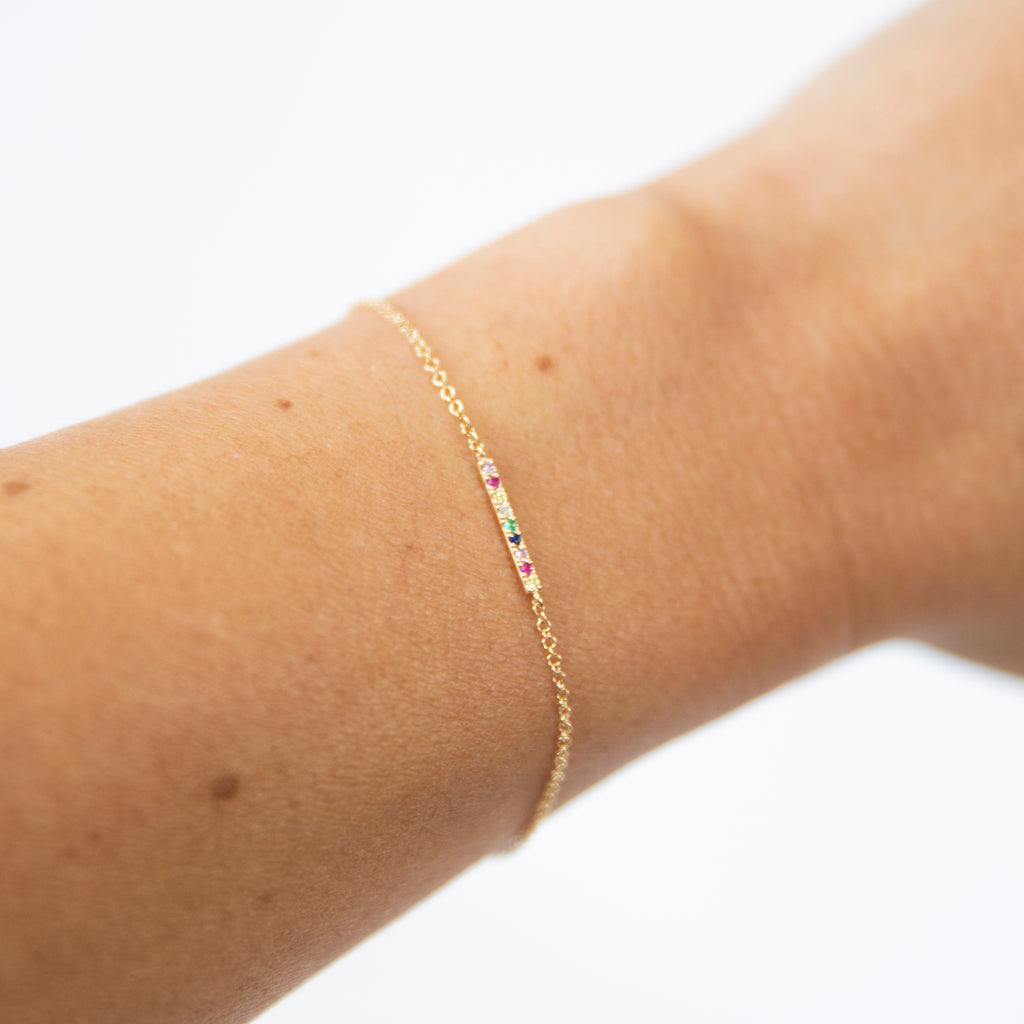 Rainbow Gemstone Bar Bracelet in 14k Yellow Gold