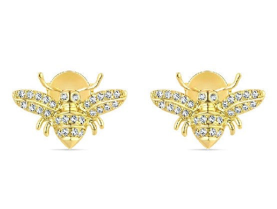 14k Yellow Gold and Diamond Bee Earring Studs