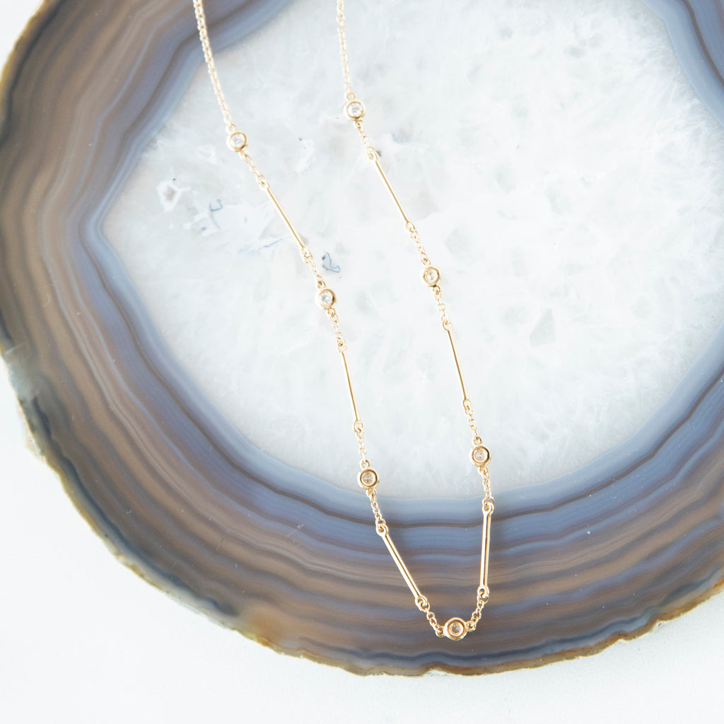 Bezel Set Diamond Bar Station Necklace in 14k Yellow Gold