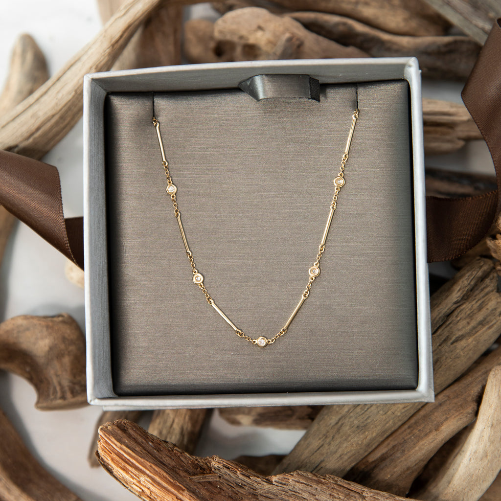 Bezel Set Diamond Bar Station Necklace in 14k Yellow Gold
