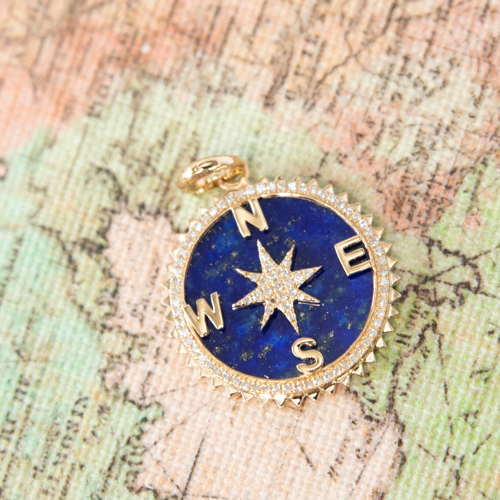 Lapis Lazuli and Diamond Compass Charm Pendant