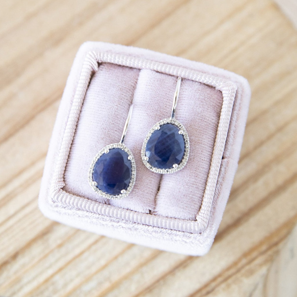 Blue Sapphire and Diamond Halo Leverback earrings in 14k White Gold