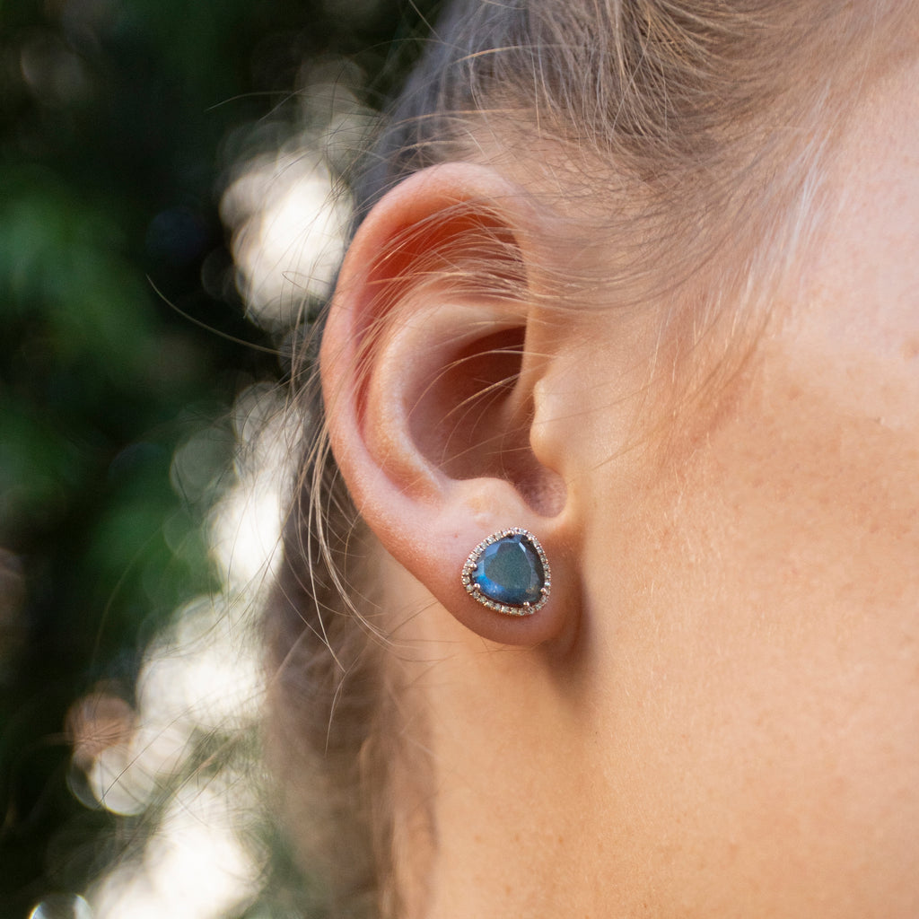 Labradorite and Diamond Halo Studs in 14k Rose Gold